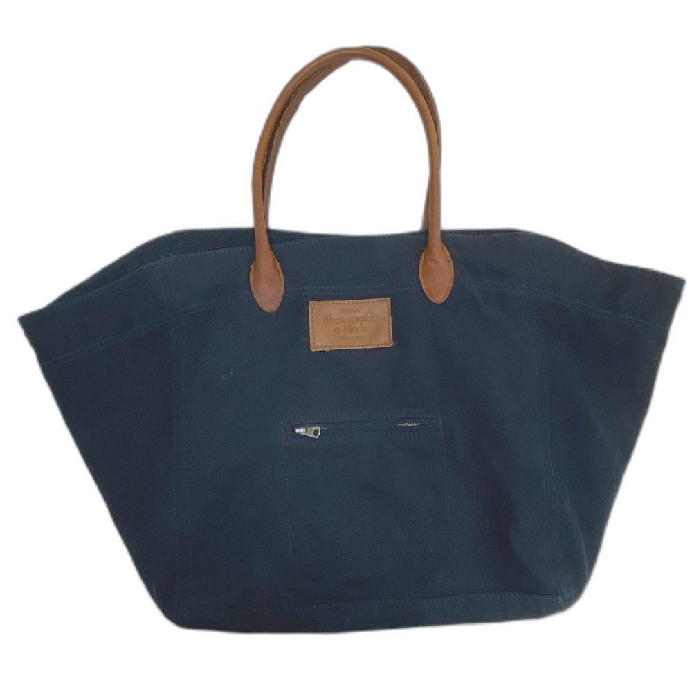 Abercrombie & Fitch Navy Canvas Leather Handle Big Tote Bag W/ Side Snaps